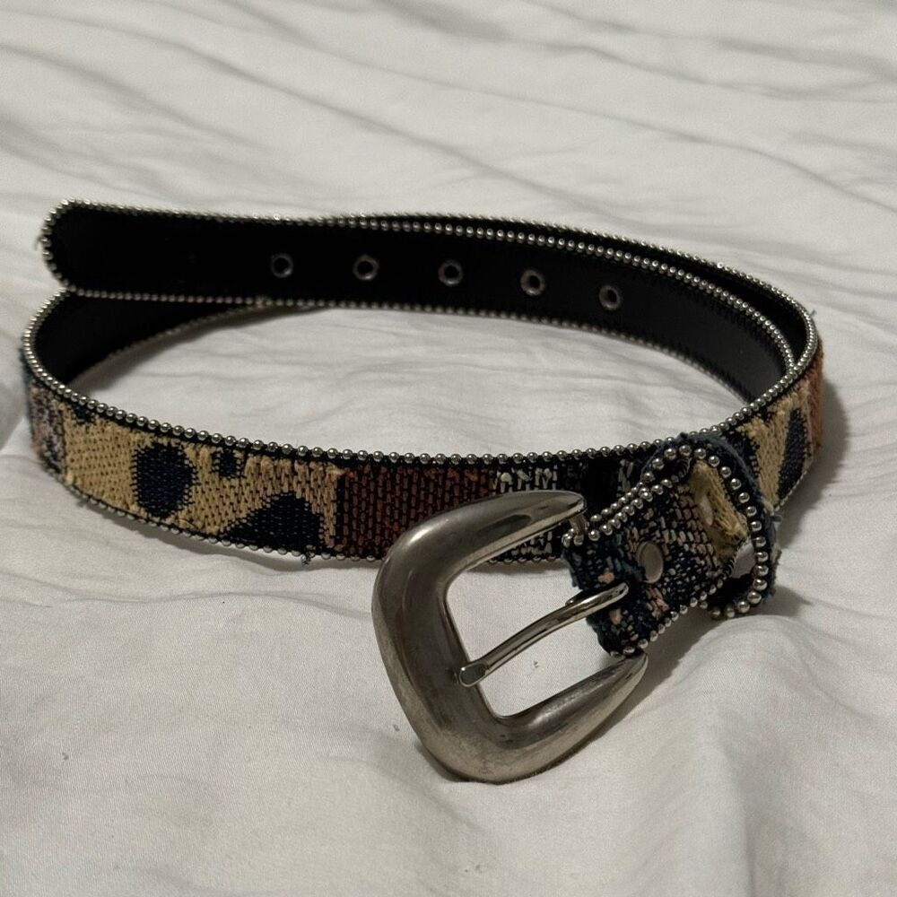 Vintage Absolutely Fresh Tapestry Patchwork Silver Ball Chain Bonded Leather Bel